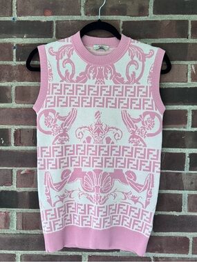 Fendi Roma Pink FF Monogram Sleeveless Knit Top Wool Italy Women’s IT 38 US 4
